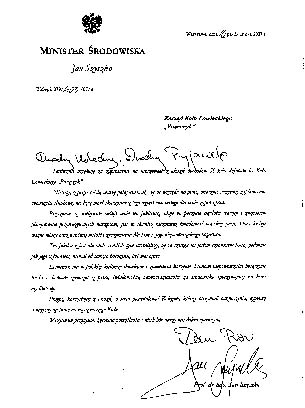 Pismo Ministra Środowiska prof. Jana Szyszko